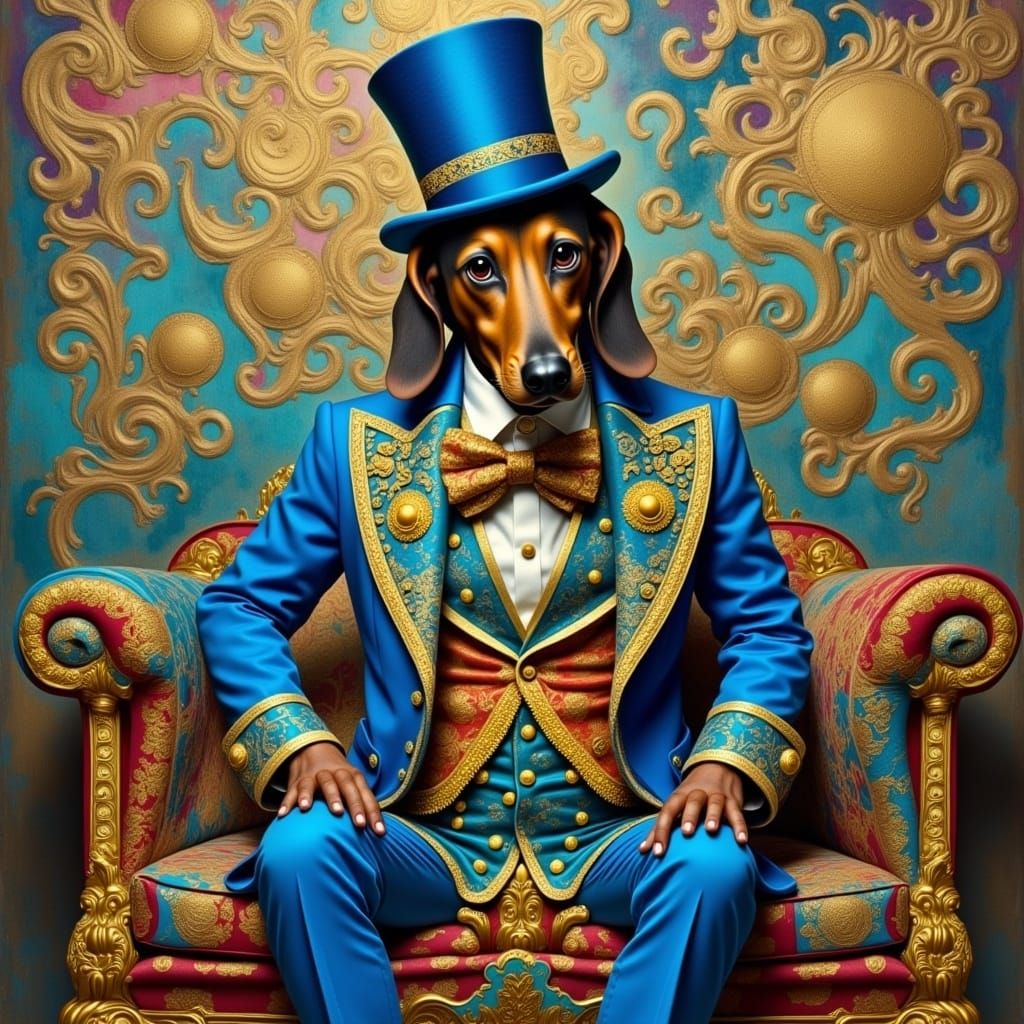 Bassett Hound in Blue Suit, Whimsical Art Style