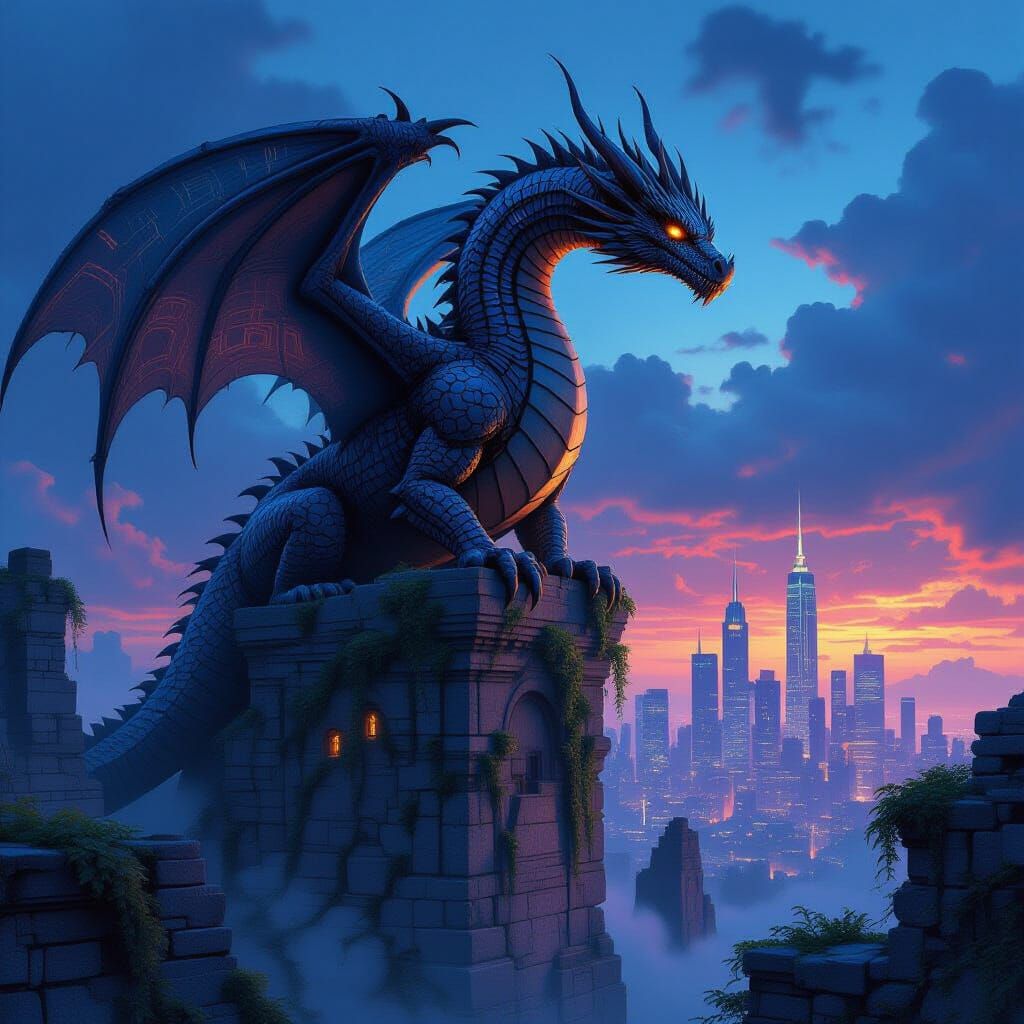 Ancient Stone Dragon with Circuit Scales Overlooking Modern ...