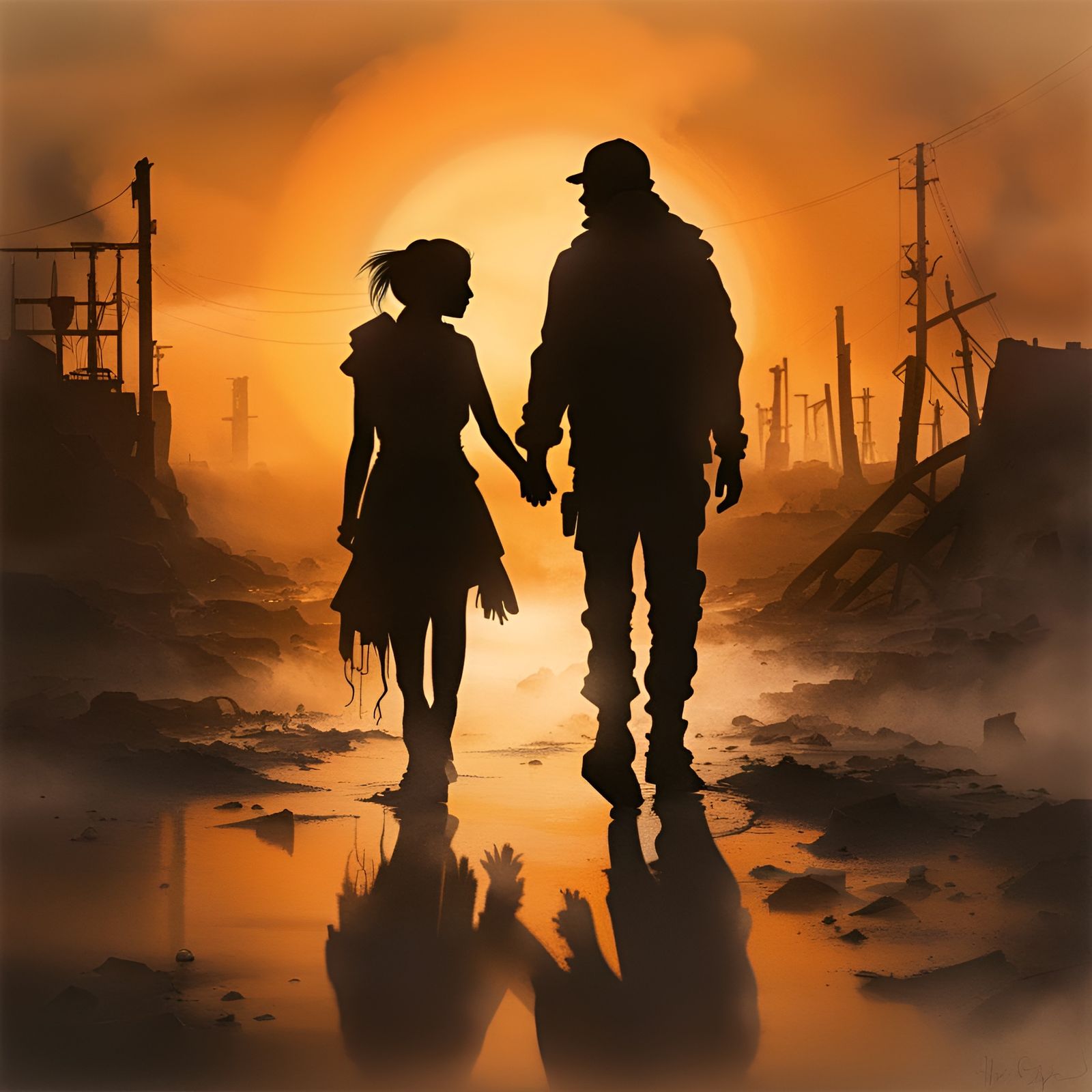 Post-Apocalyptic Couple Walks into Setting Sun