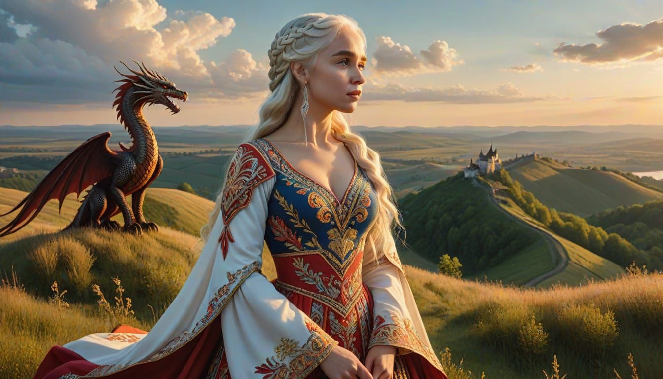 Daenerys Targaryen, dressed in a Ukrainian embroidered folk long dress, stands on a hill and contemplates the dragons in...