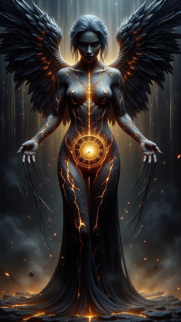 Black Stone Goddess Statue with Golden Cracks and Wings