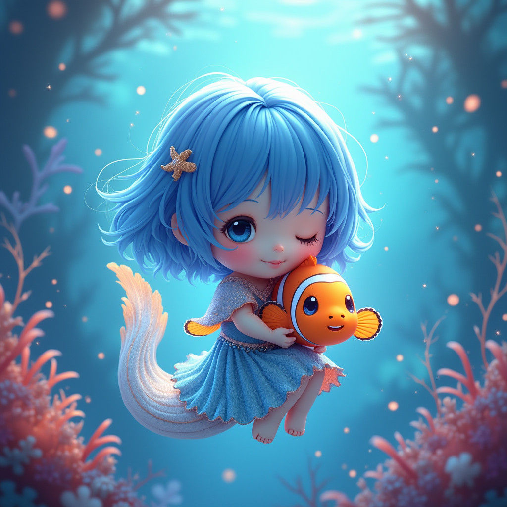 Chibi Girl with Clownfish in Dreamlike Seascape