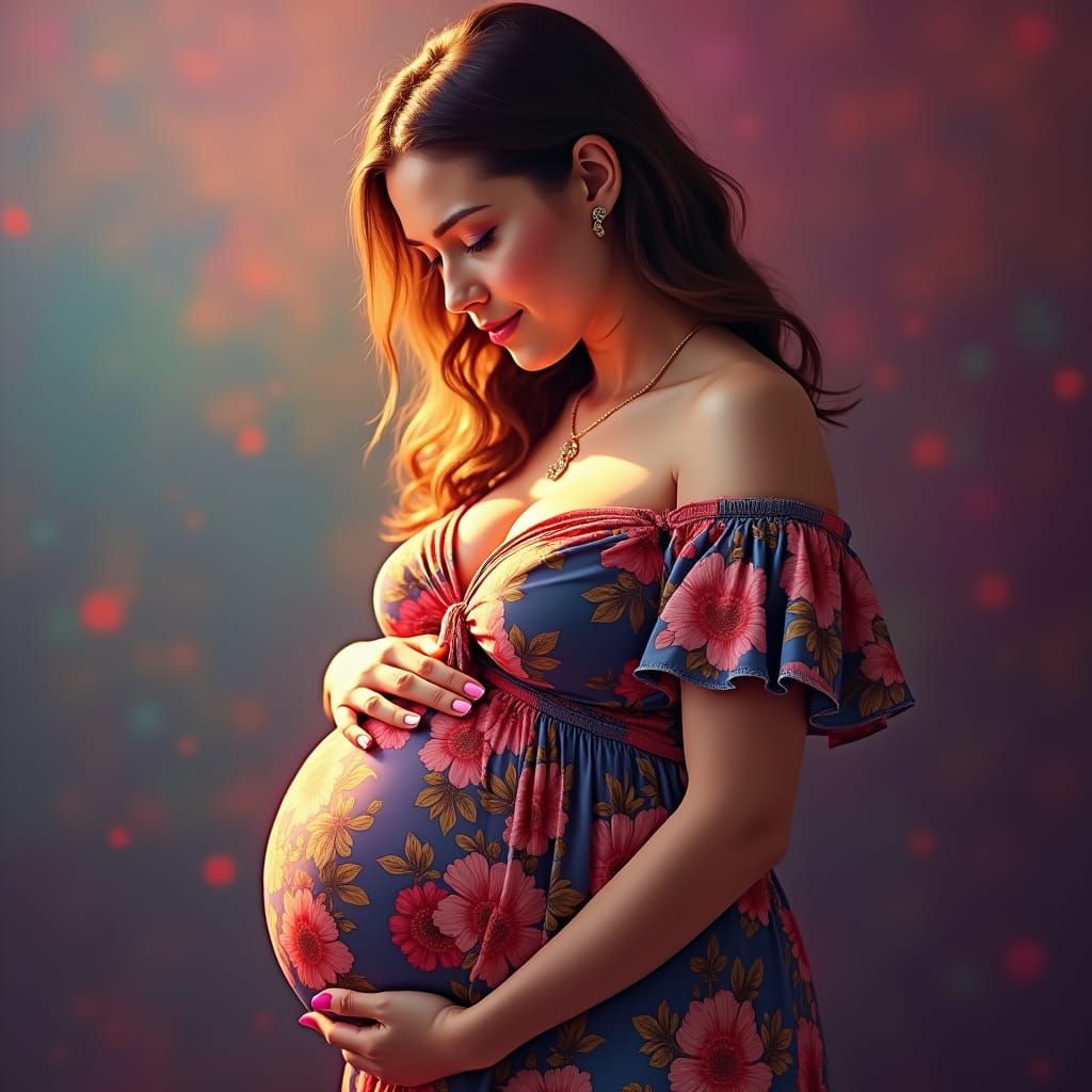 Pregnant Woman in Floral Dress, Concept Art