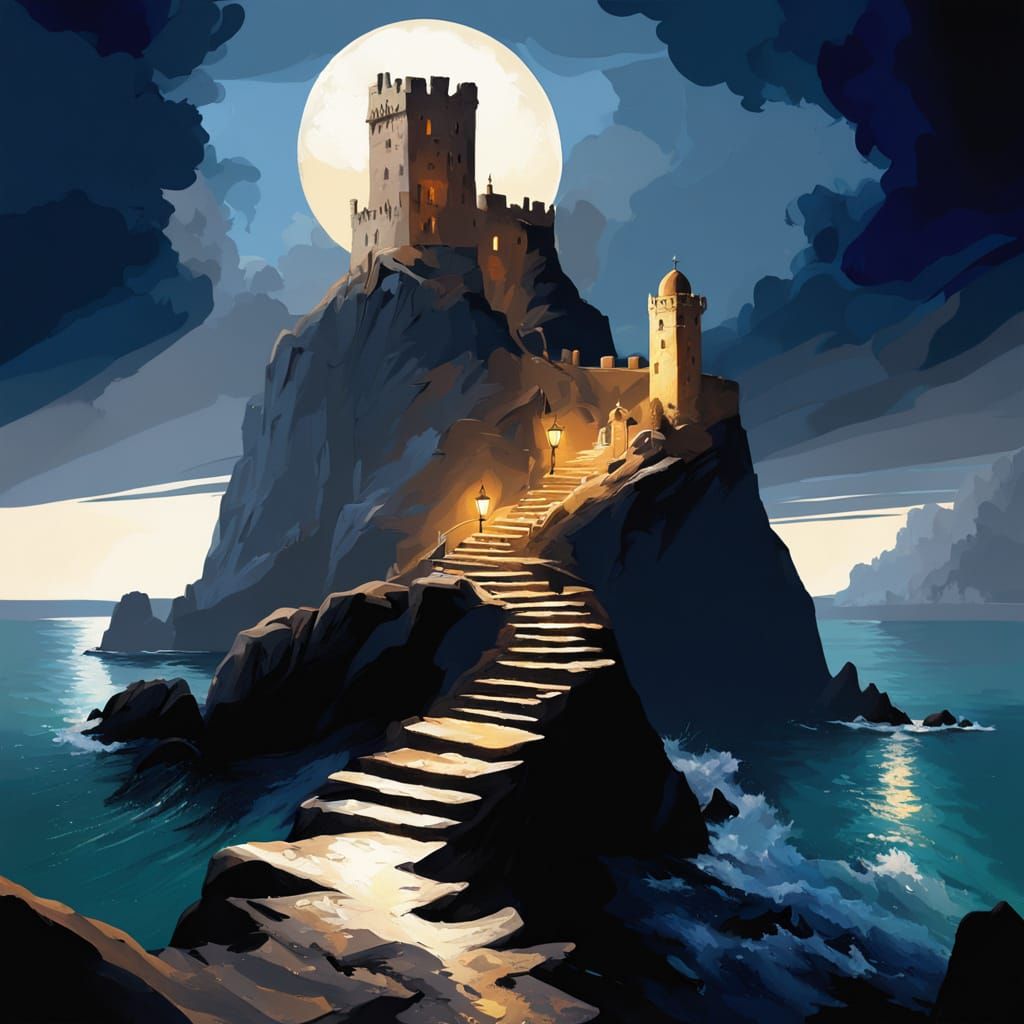 Night Fortress Island with Luminous Path as Oil Painting
