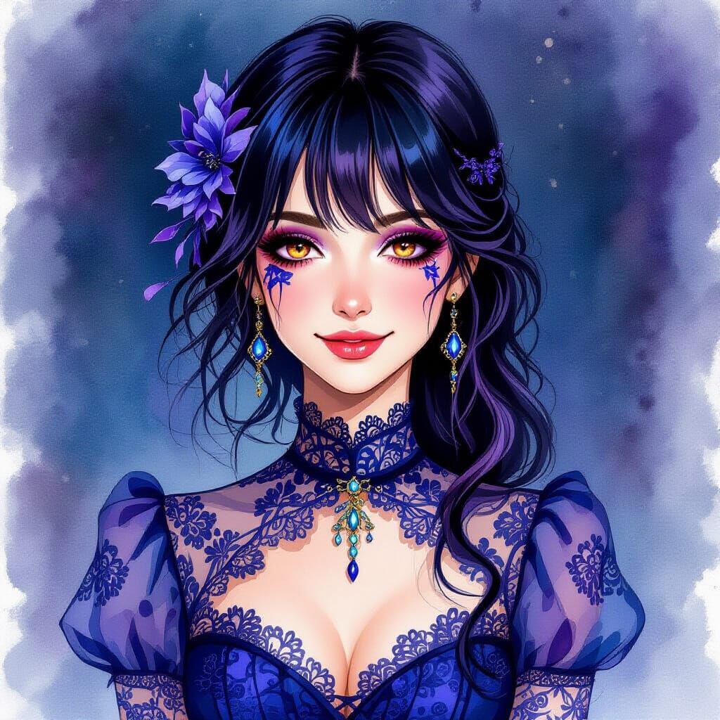 Woman in Gothic Lace Dress, Watercolor Style