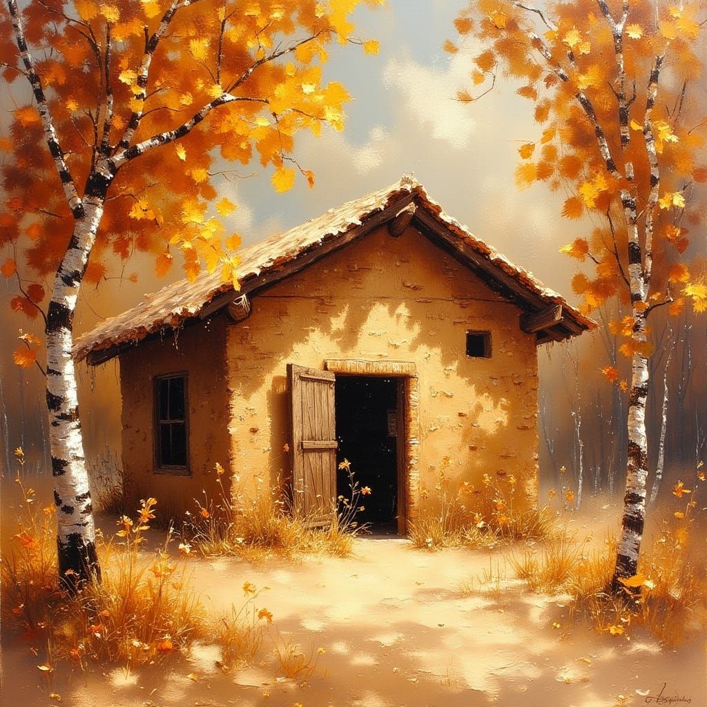 <lora:Exquisite Flux:1.0> Front view of an ancient clay hut with open window and door surrounded by sand dunes. Slightly...