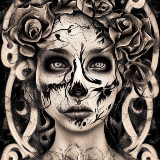 Floral Skeleton Portrait in Detailed Splash Art Style