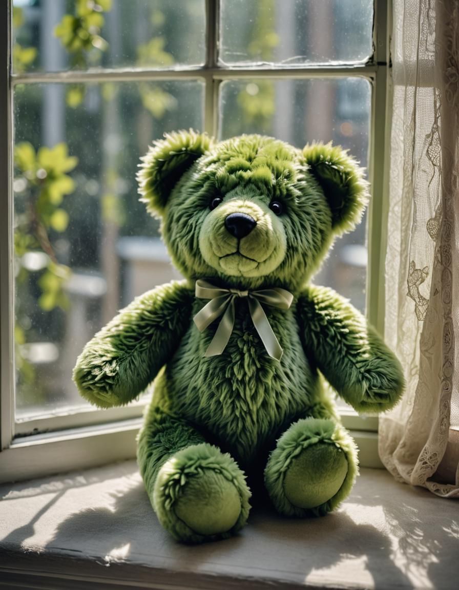 Cute Green Teddy Bear on a Windowsill