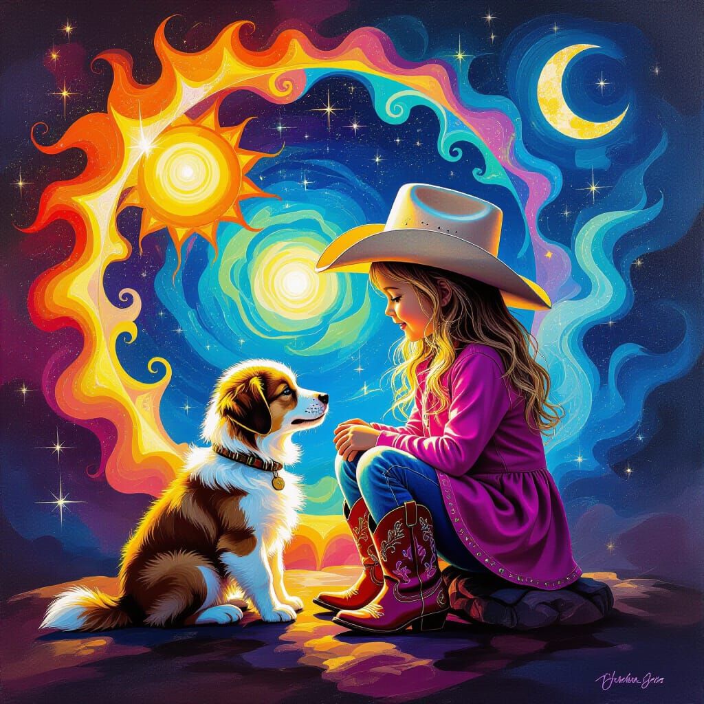 Girl and Dog in Cowboy Gear, Psychedelic Spiral Painting