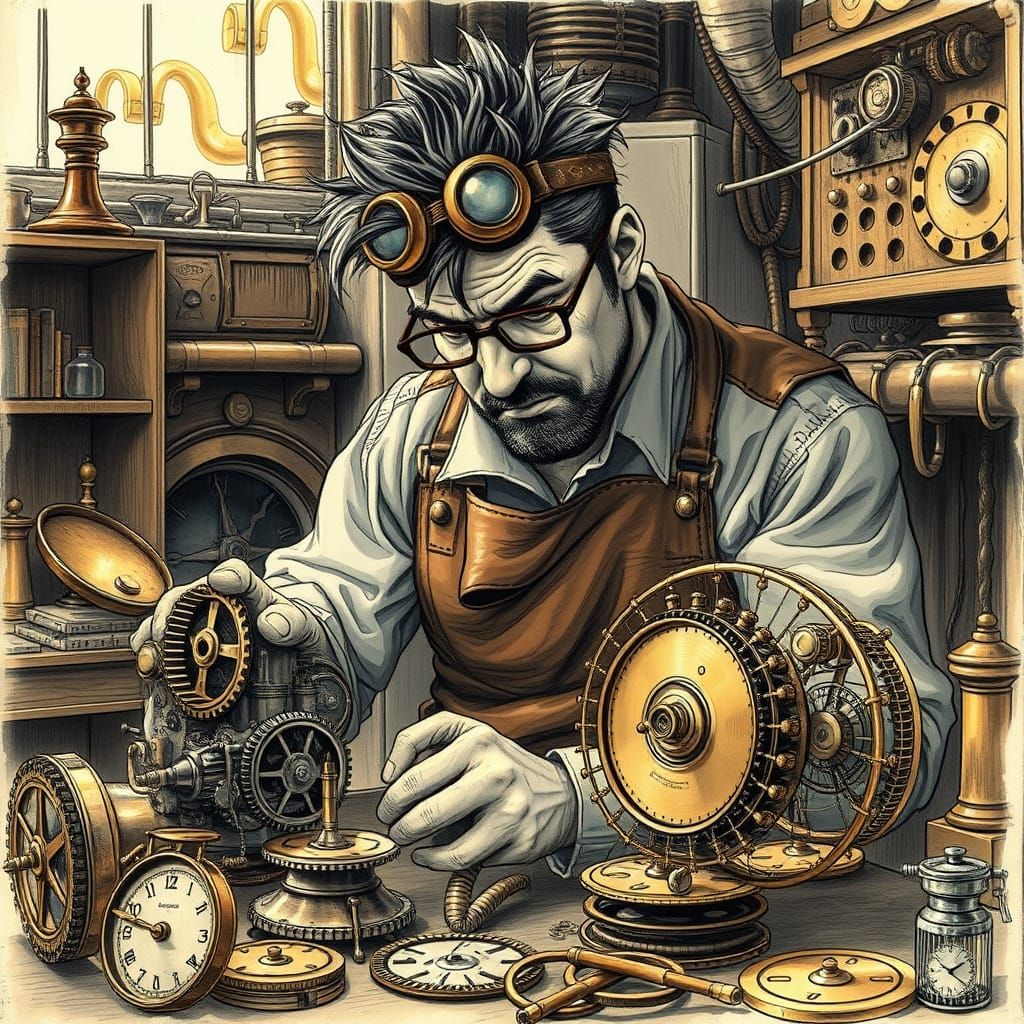 Steampunk Inventor in Charcoal Sketch Style