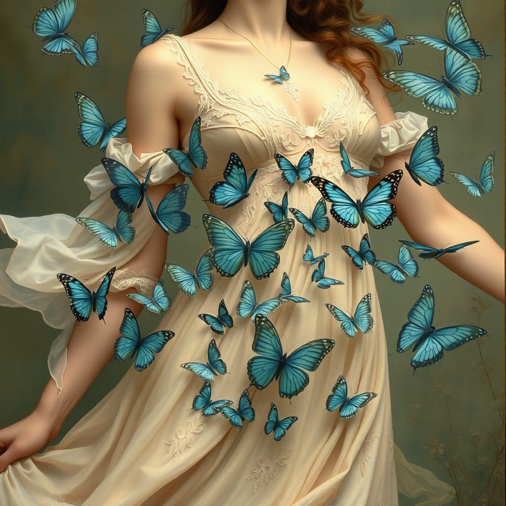 Ethereal Woman Emerging with Iridescent Butterflies in Paste...