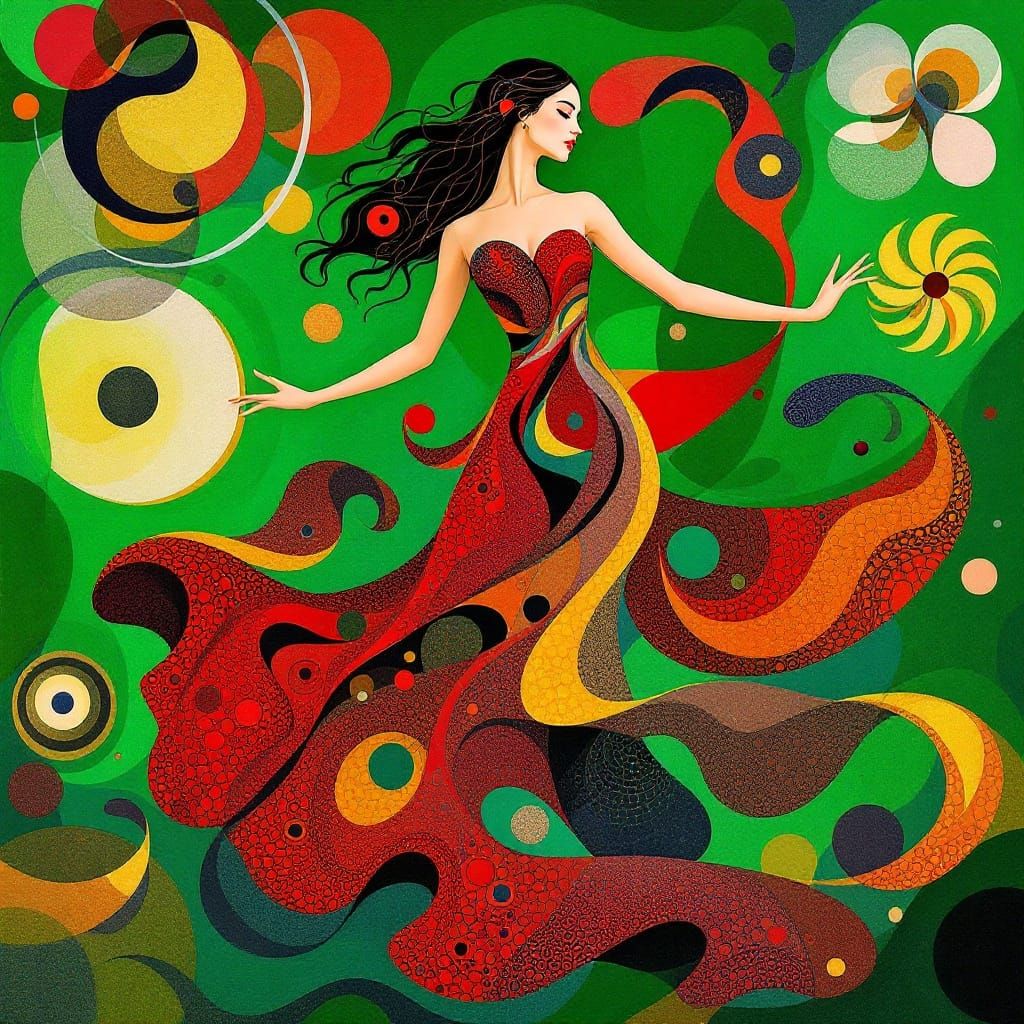 Woman in Vibrant, Expressionist Style Crimson Red Dress