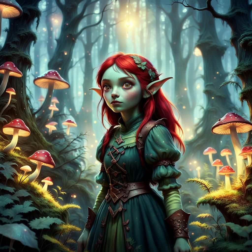 Cute Goblin Girl in Mystical Forest, Fantasy Realism