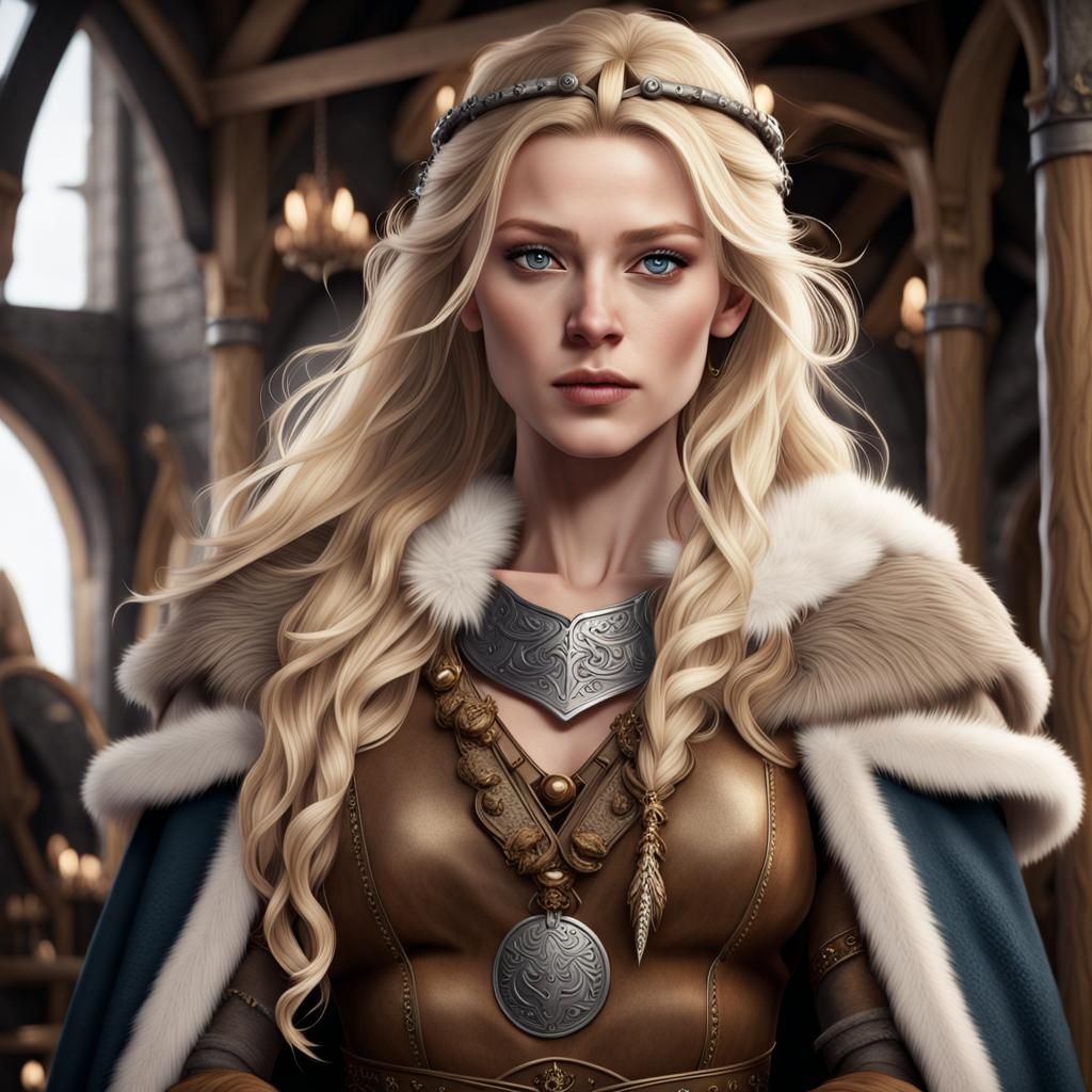 Beautiful Viking Woman with Armor in Detailed Viking Hall