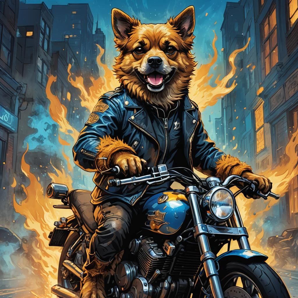 Dog Rides Motorcycle in Gritty Fantasy Art