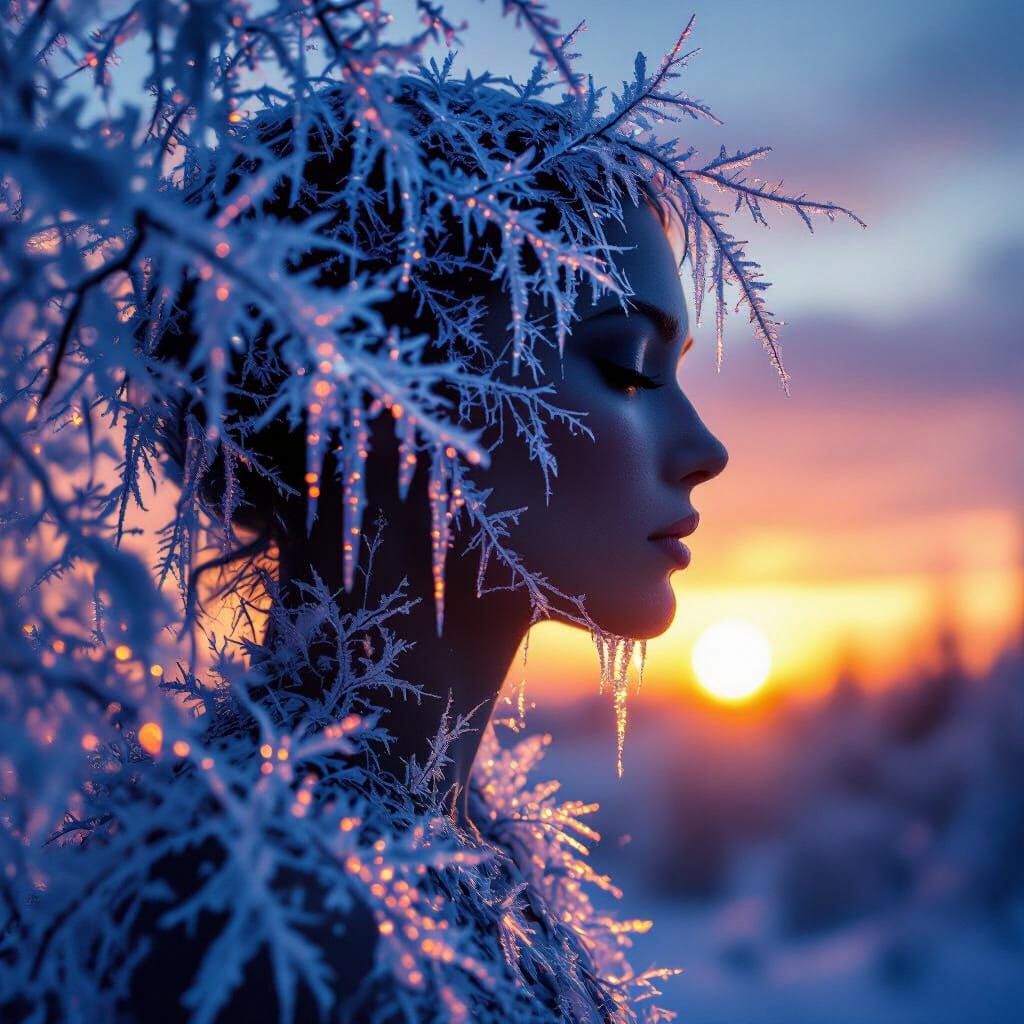 Surreal Ice Crystal Face Against Vibrant Sunset Sky