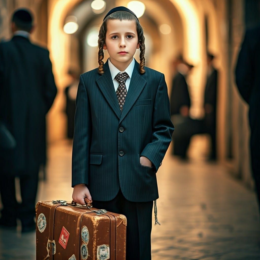 Ultra-Orthodox Jewish Boy in Suit and Suitcase Waiting in Li...