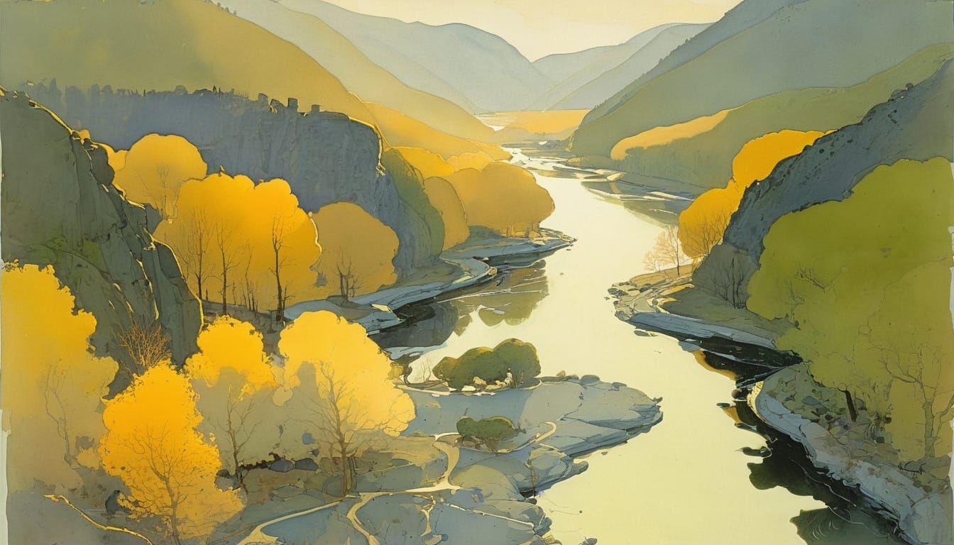 Impressionist River Valley Watercolor Painting