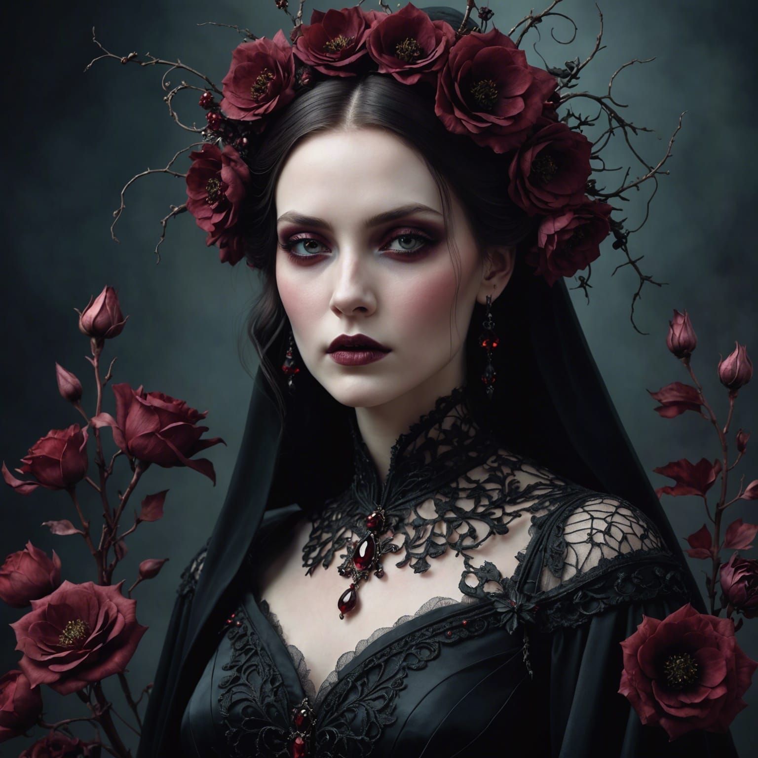 Gothic Witch Portrait with Burgundy Flowers
