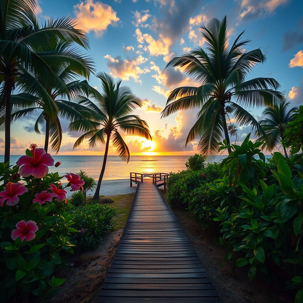 Tropical Boardwalk Path at Sunset