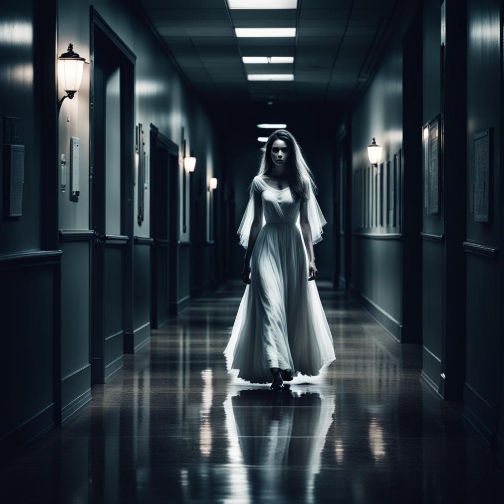 Eerie Girl Ghost Walks School Hallway at Twilight