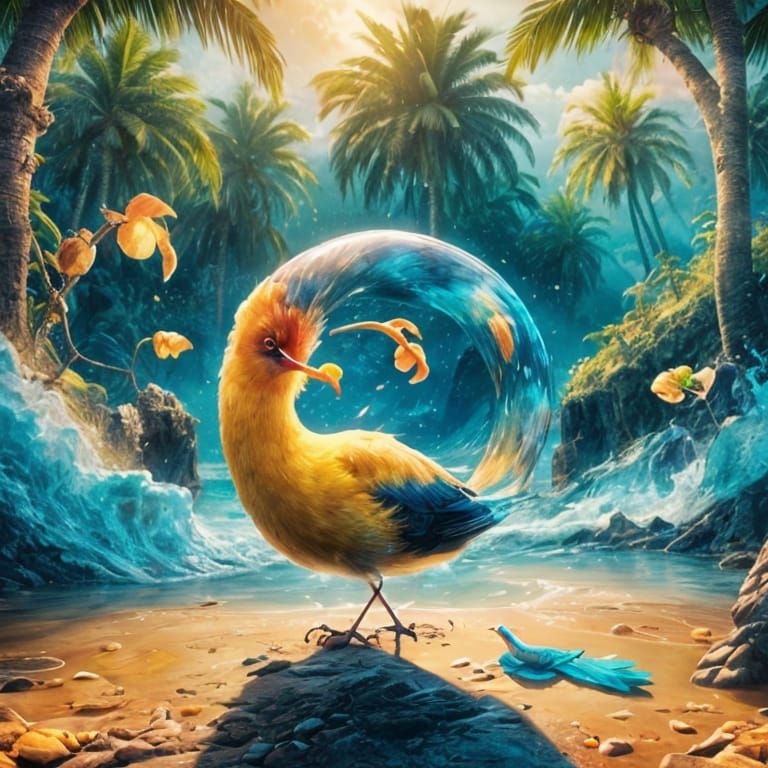 Bird Eating Mango in Pacific Ocean, Detailed Painting