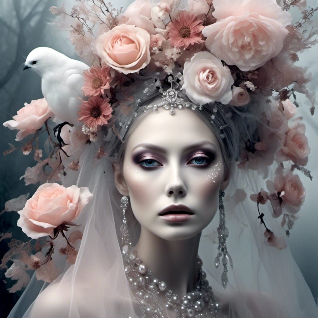 Eerie Ghost Bride in Misty Forest, Double Exposure