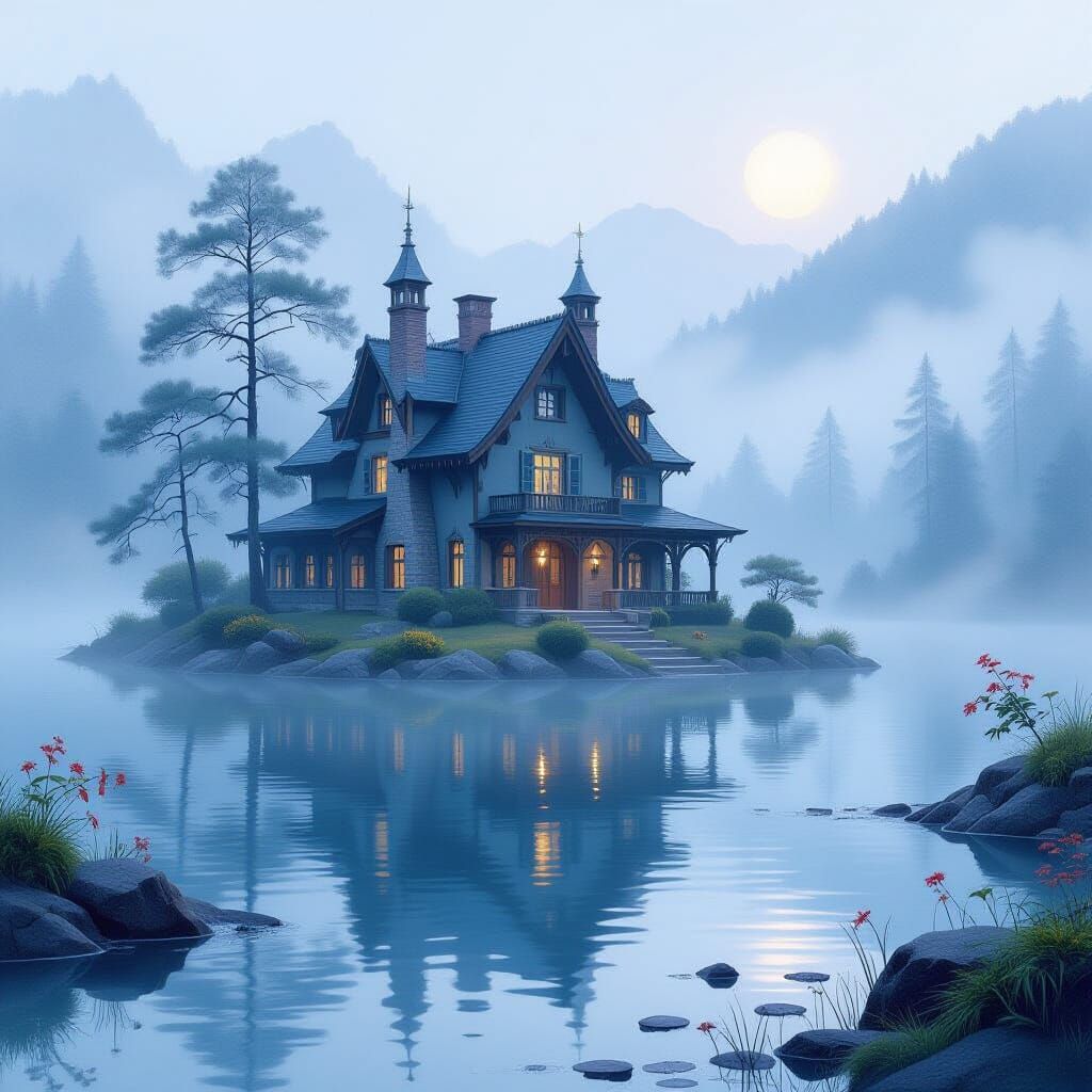 Ethereal Watercolor Home in Foggy Waters