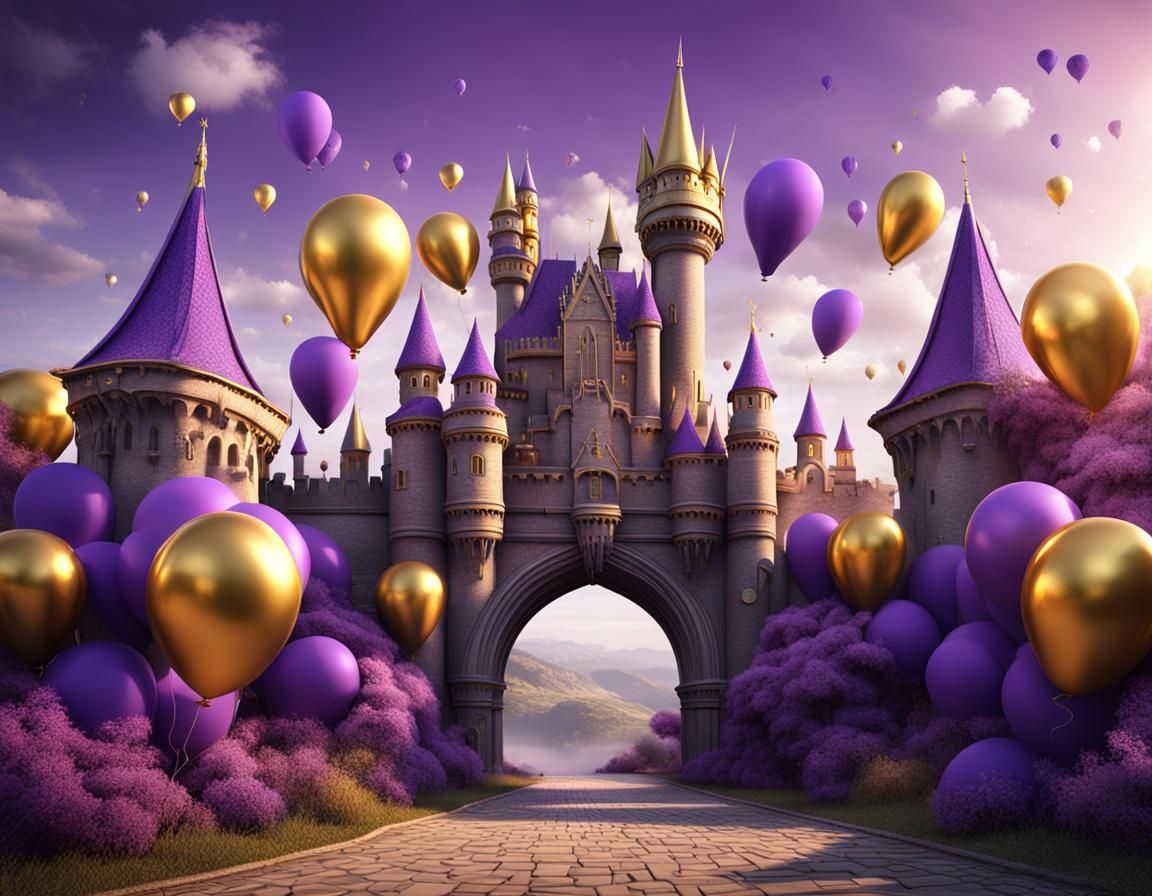 Purple and Gold Balloon Arch Castle: 3D Render