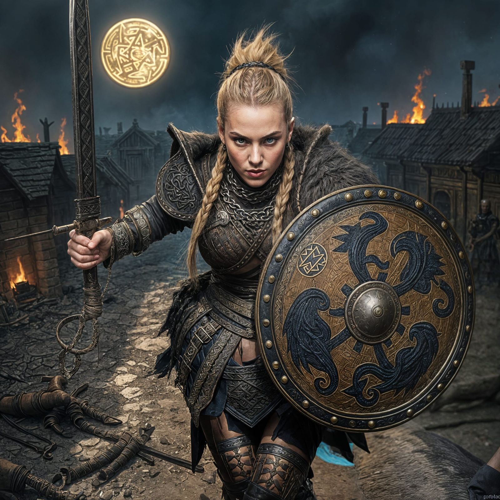 Viking Shieldmaiden with Celtic Tattoos and Bloody Sword
