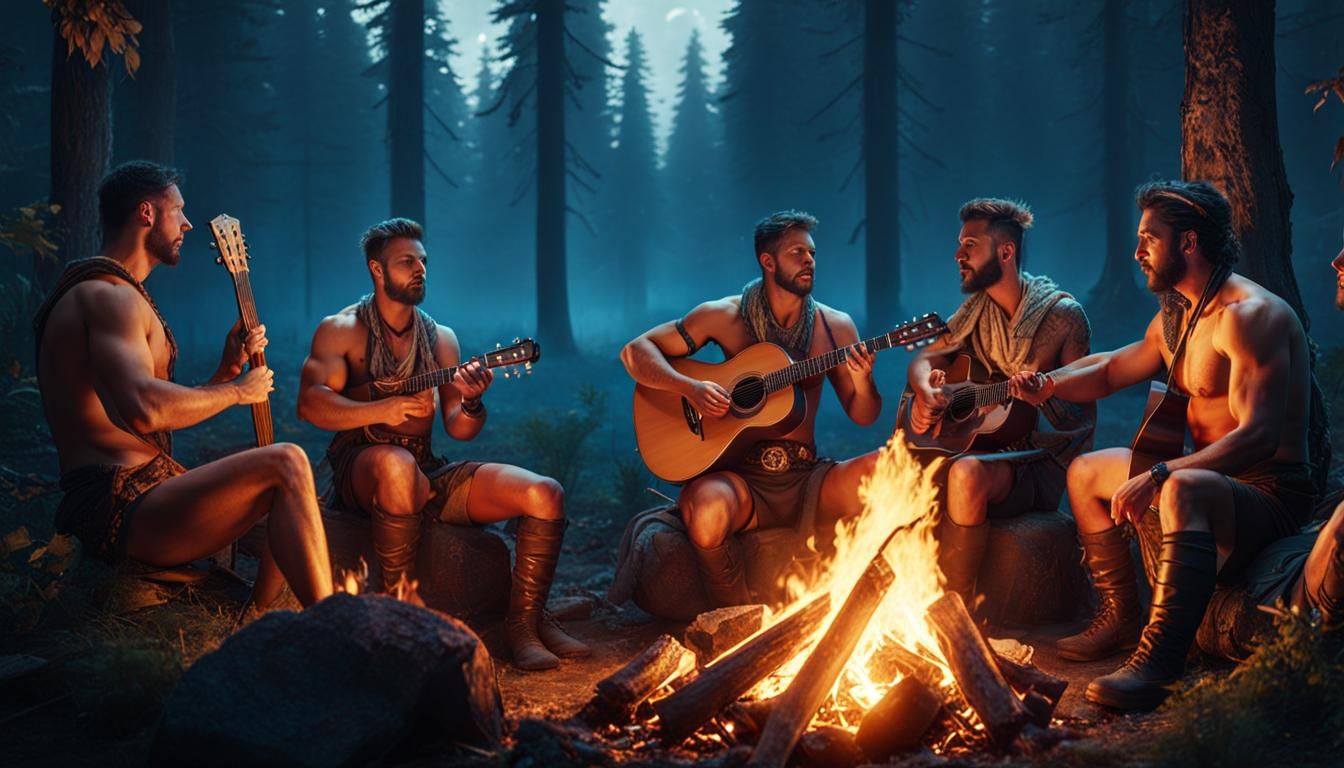 Men Around Campfire: Detailed Matte Painting