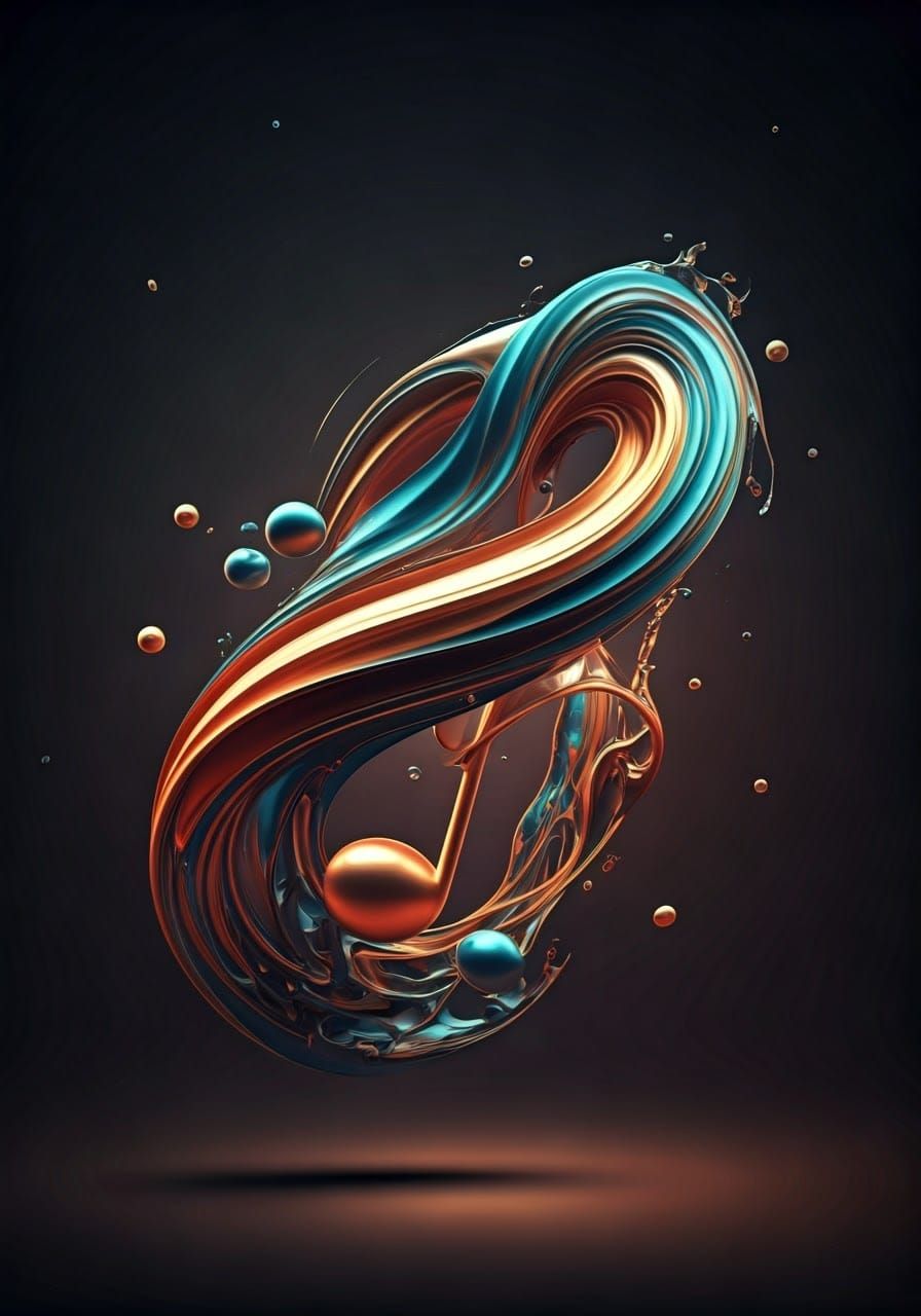 Surrealistic Music Note in Mid-Air, Blending Liquid Metal an...