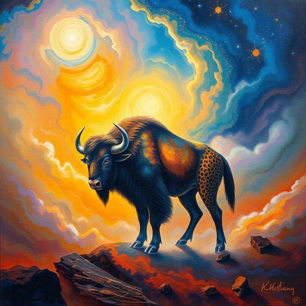 Mystical Buffalo-Eagle-Leopard Being in Cosmic Landscape