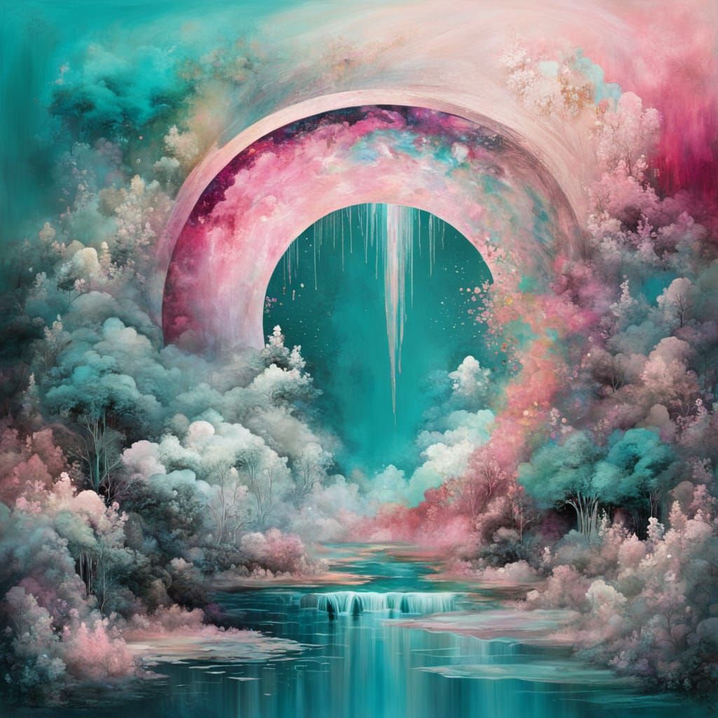 Waterfall from Moon to Earth: Mixed Media Composition