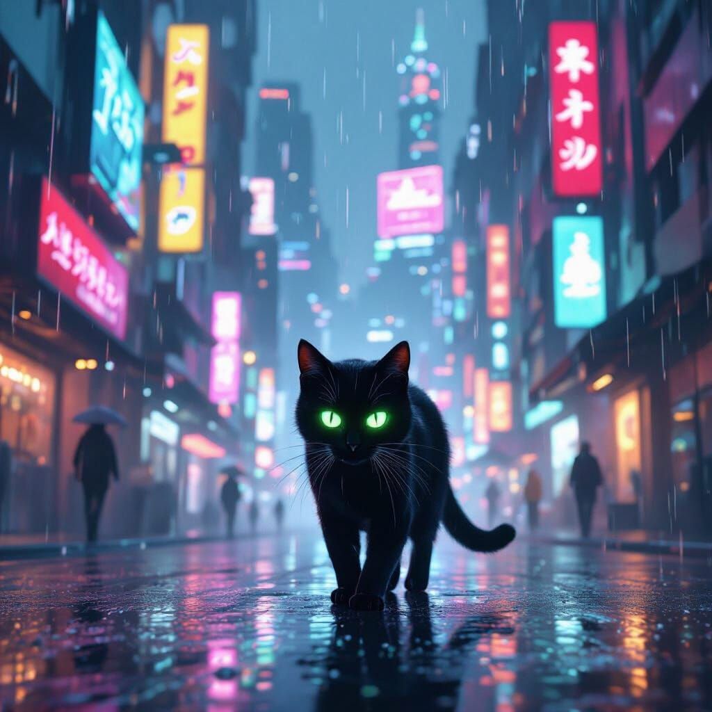 Black Cat in Neon Cyberpunk City Anime Style