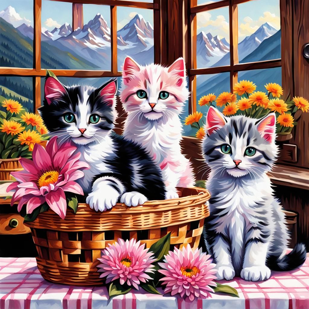 Cute Kittens in Mountain Hut, Photorealistic Render