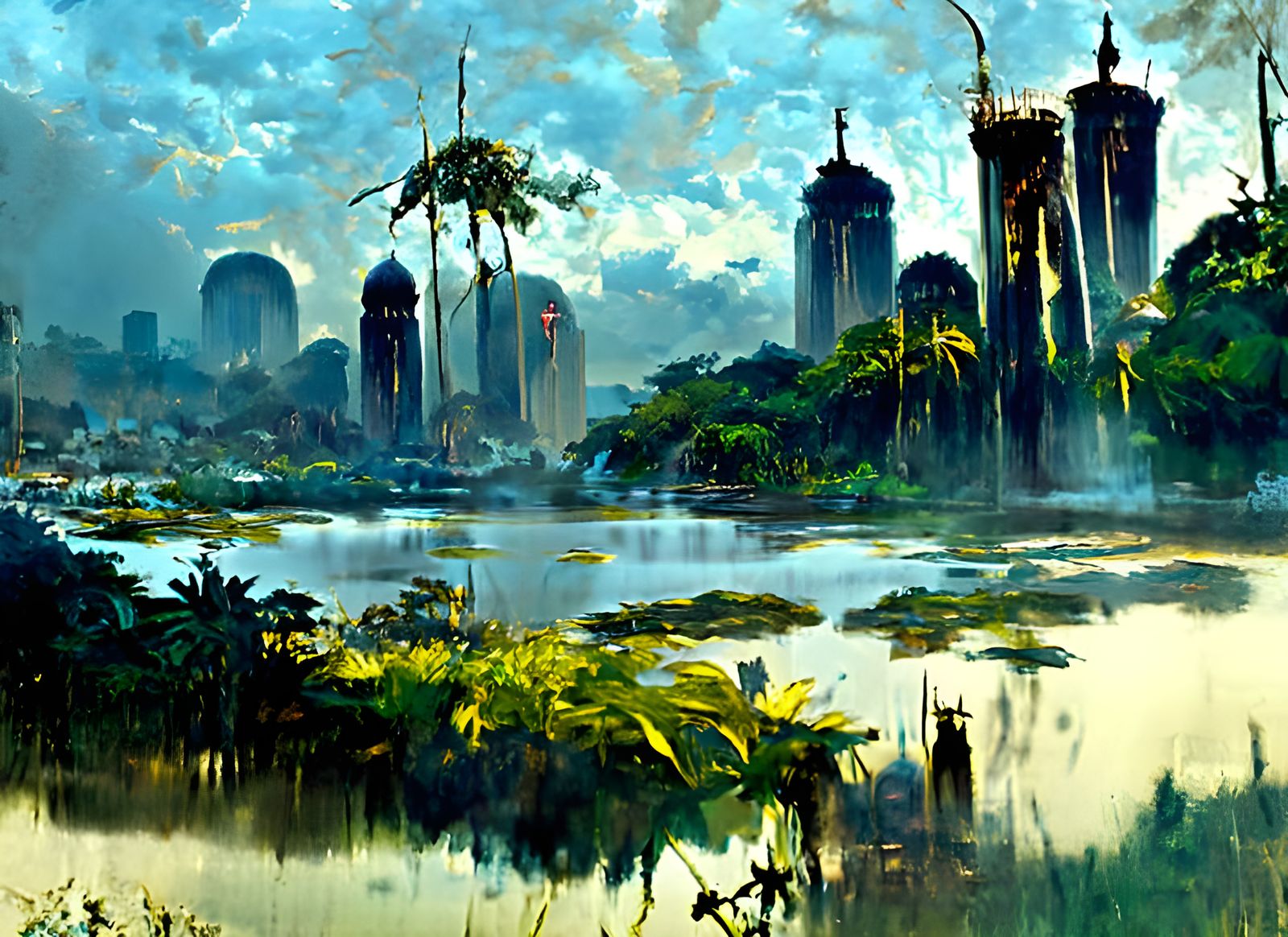 African jungle city skyscraper lake landscape sinister by Greg Rutkowski oil painting by James Gurney detailed matte pai...
