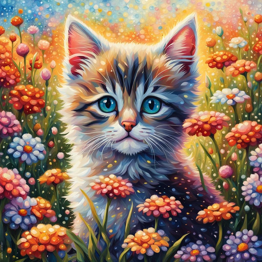 Pointillist Kitten in Field of Flowers