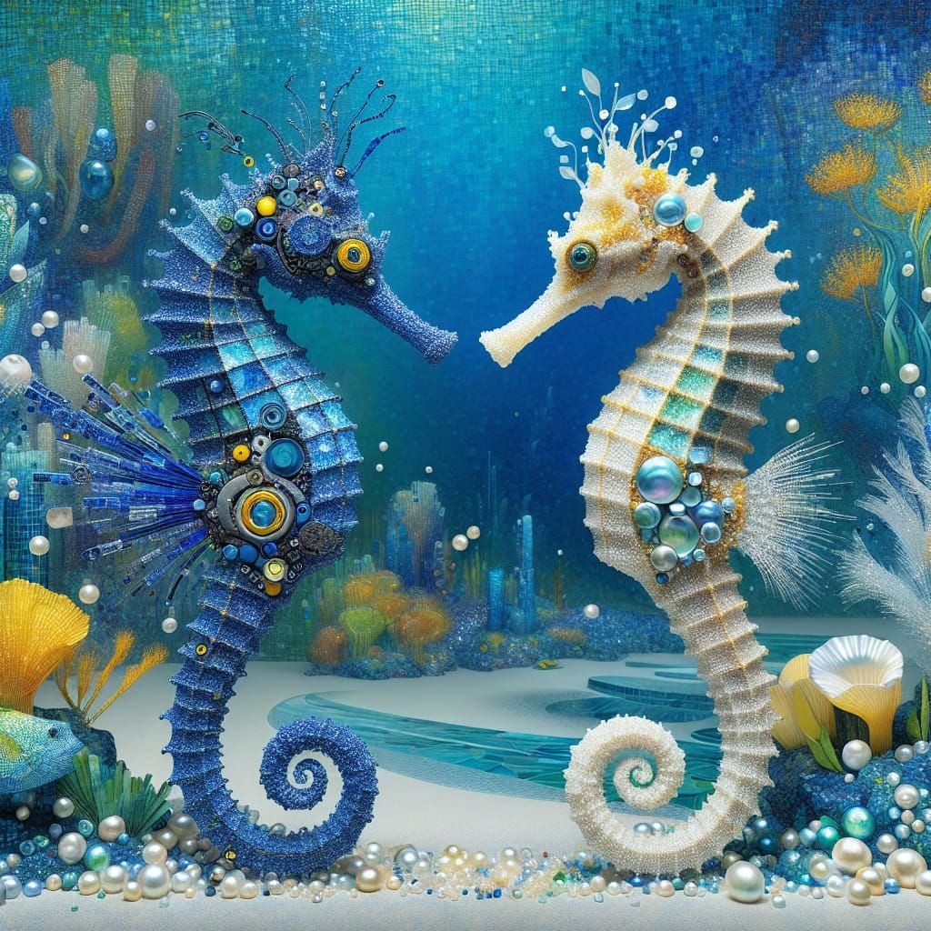 Cybernetic Seahorse Meets Pearlescent Seahorse in Mosaic Und...