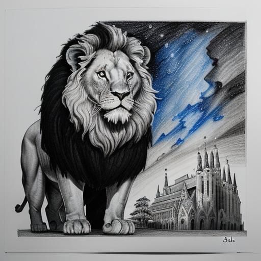 Whimsical Ink Art of a Lion with Sagrada Familia Flair