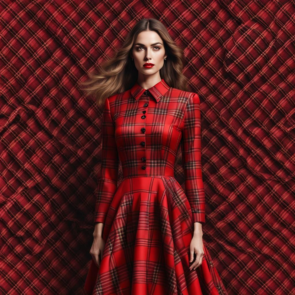 Woman in Hyperrealistic Red Plaid Gown
