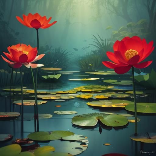 Adorable Baby Water Dragon in Dreamlike Pond