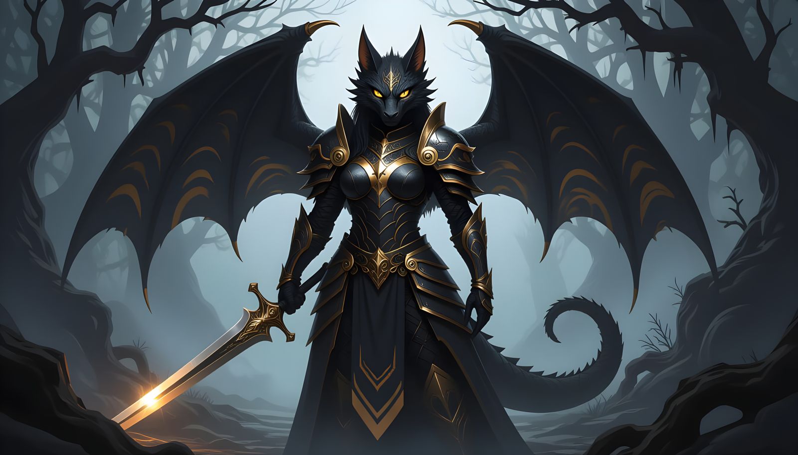 Dragon Warrior in Dark Forest Concept Art Style