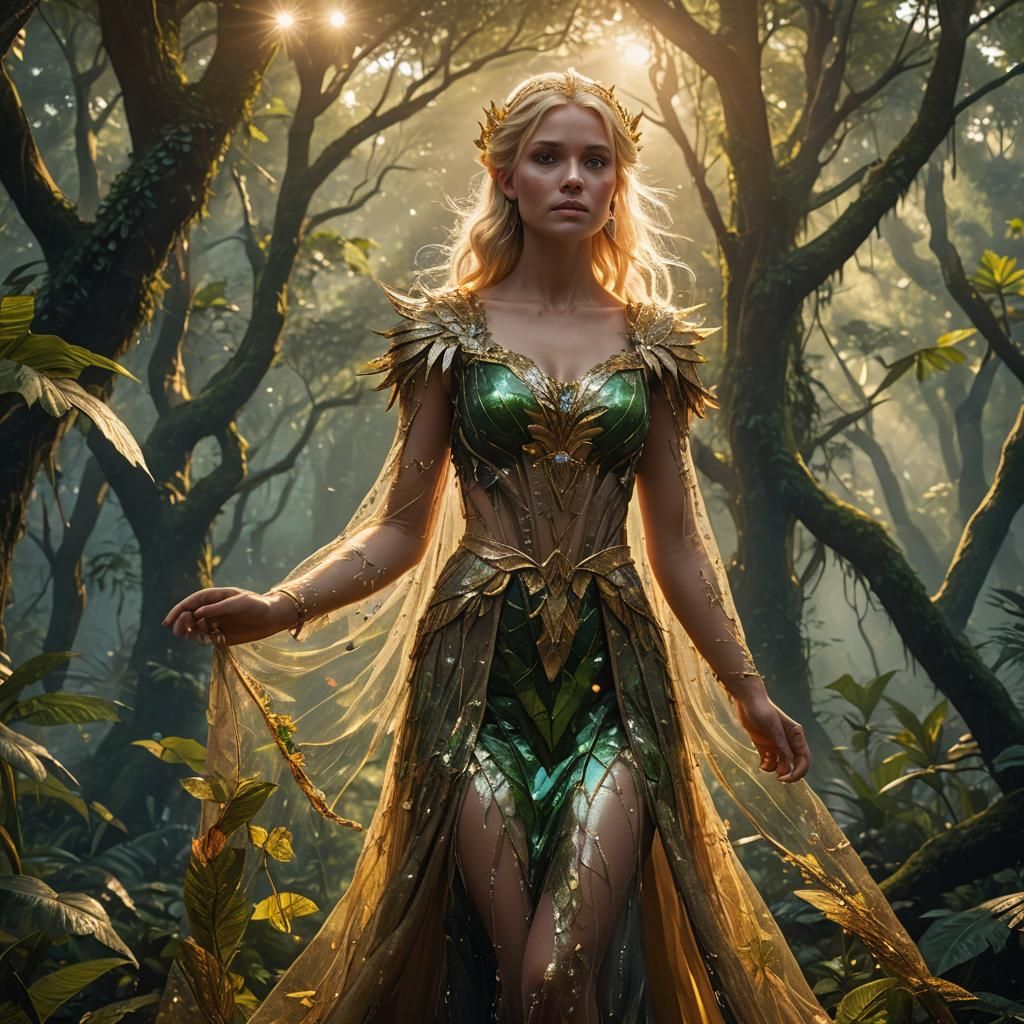Blonde Fairy Woman in Amazon Forest, Digital Art