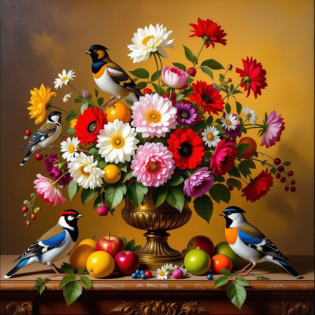 Classical Still Life with Flowers, Fruit, and Birds