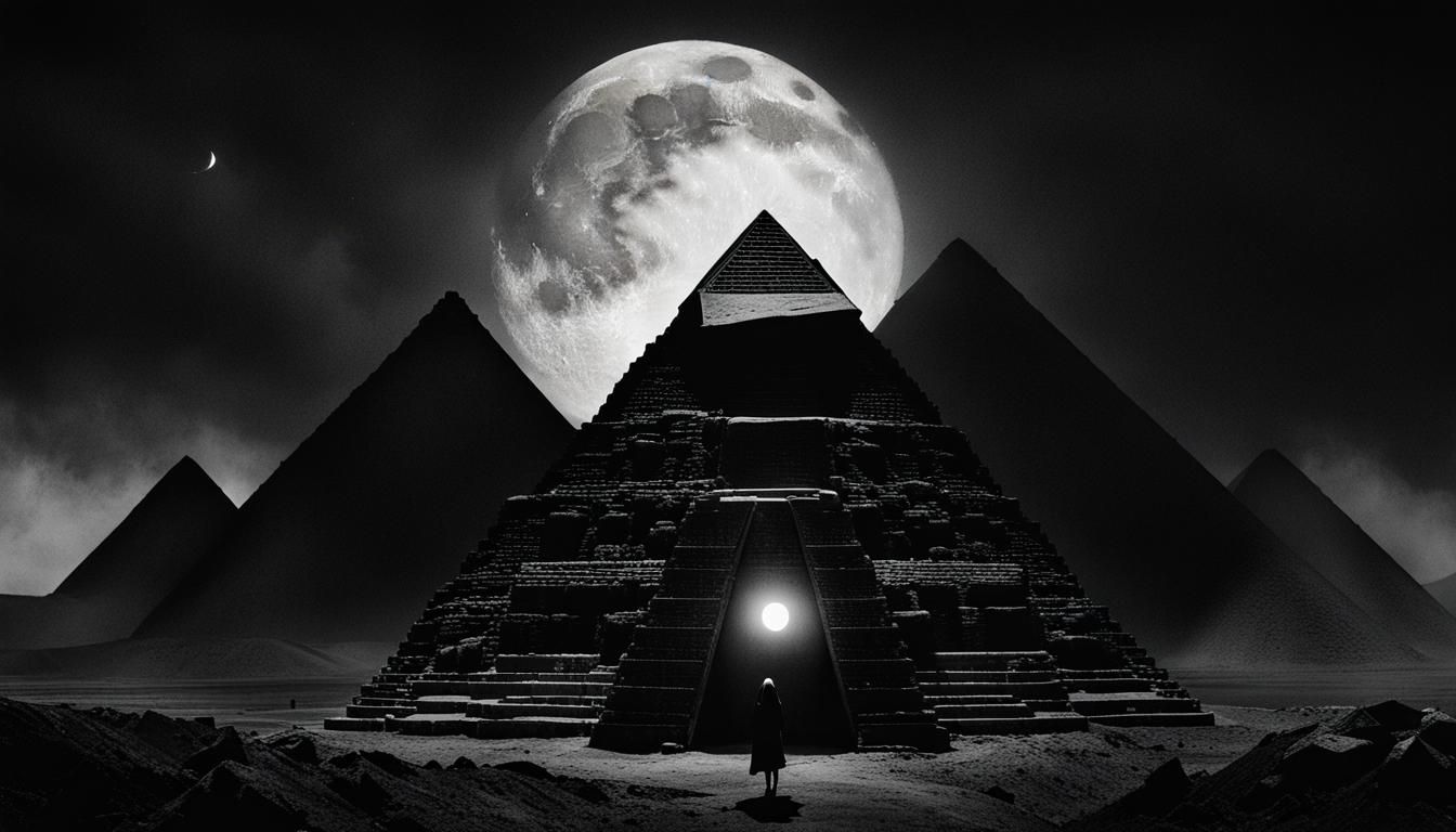 Mysterious Charcoal God Amidst Ancient Pyramids Under a Dark...