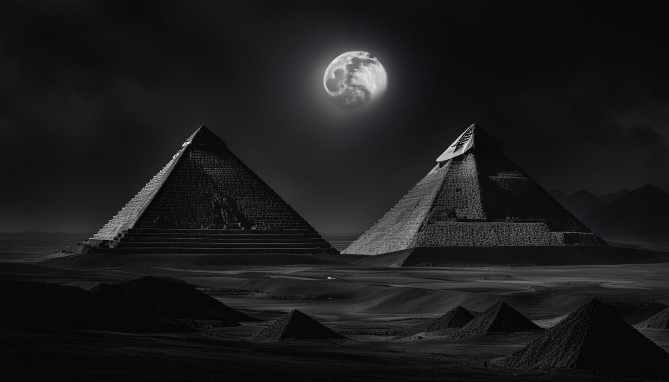 Charcoal God Ascends Before Pyramids Under Moon