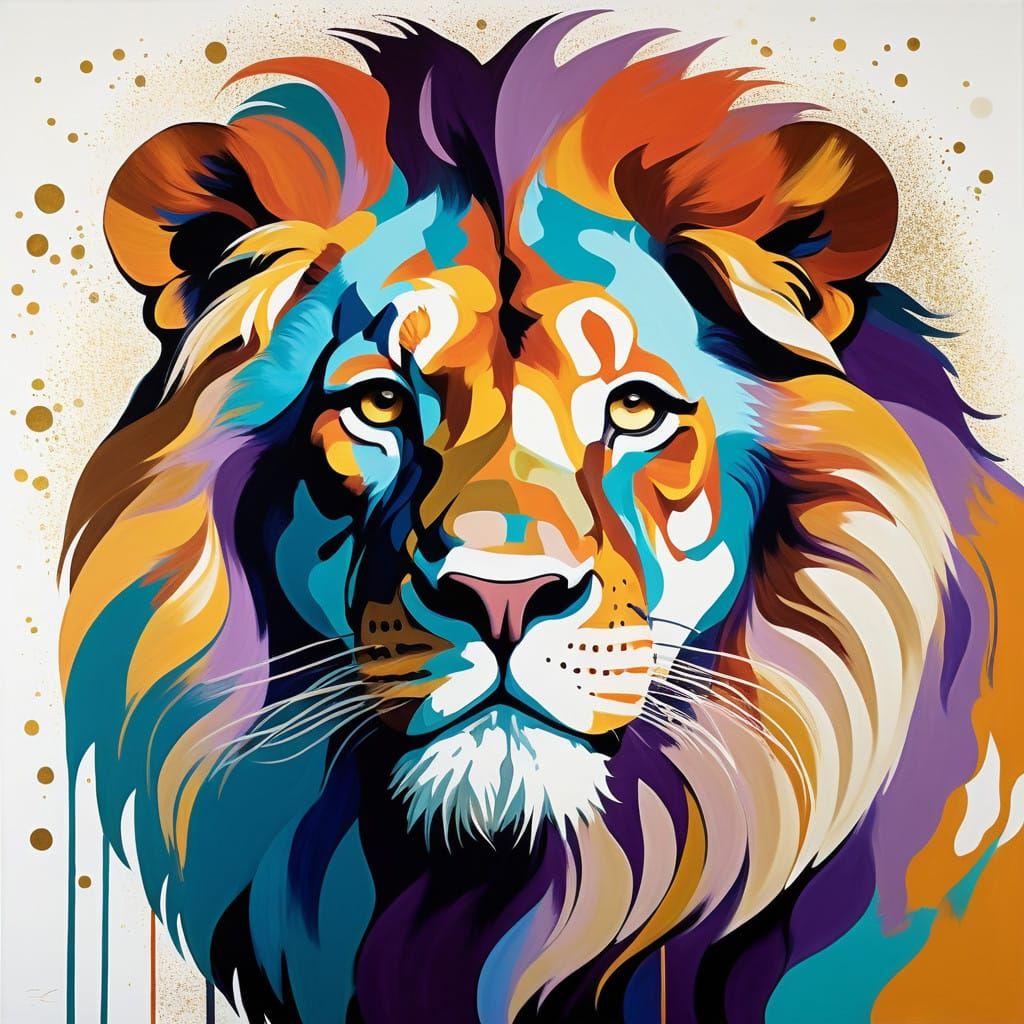 Gentle Lion Cradles Precious Cub in Abstract Art