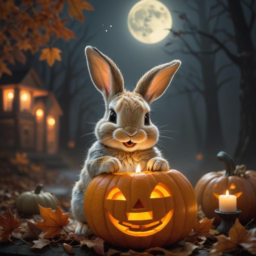 Baby Rabbit Carving Jack-o-Lantern on Halloween