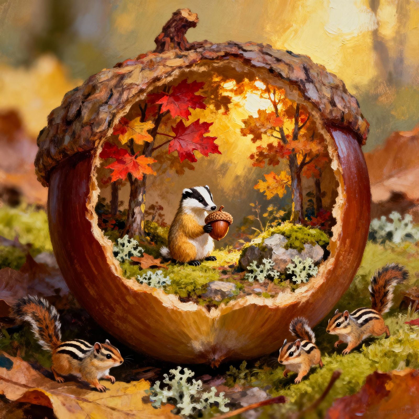 Autumn Landscape Inside Acorn, Painted with Impasto
